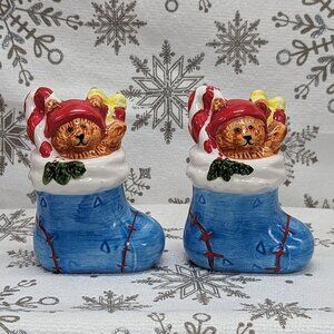 Vintage Ceramic Christmas Stocking Salt & Pepper Shakers WCL Bear Design Handpai